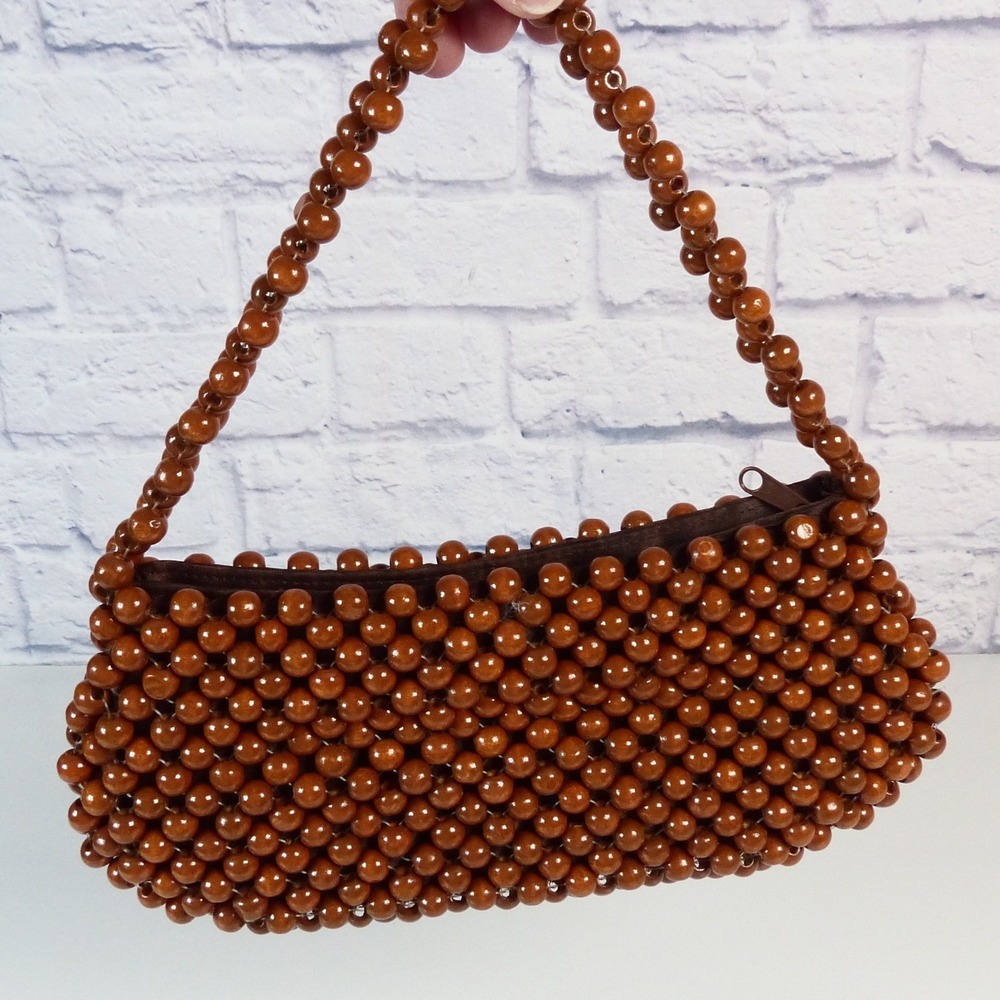 Cache Wooden Beaded Handbag Brown Satin Lined Small Women Clutch Boho Y2K Hobo